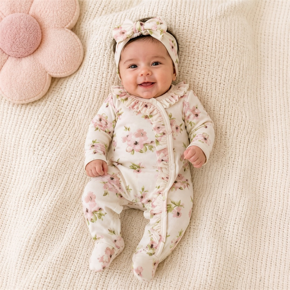 2PCS Delightful Floral Printed Ruffle Long Sleeve Baby Girl Jumpsuit