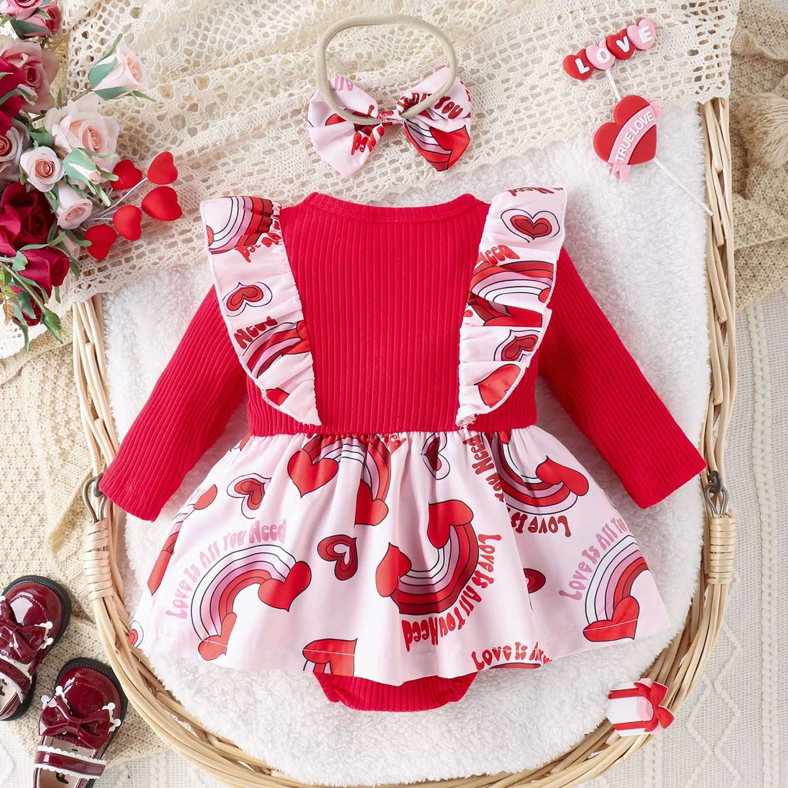 2PCS Rainbow Heart Print Long Sleeve Baby Romper