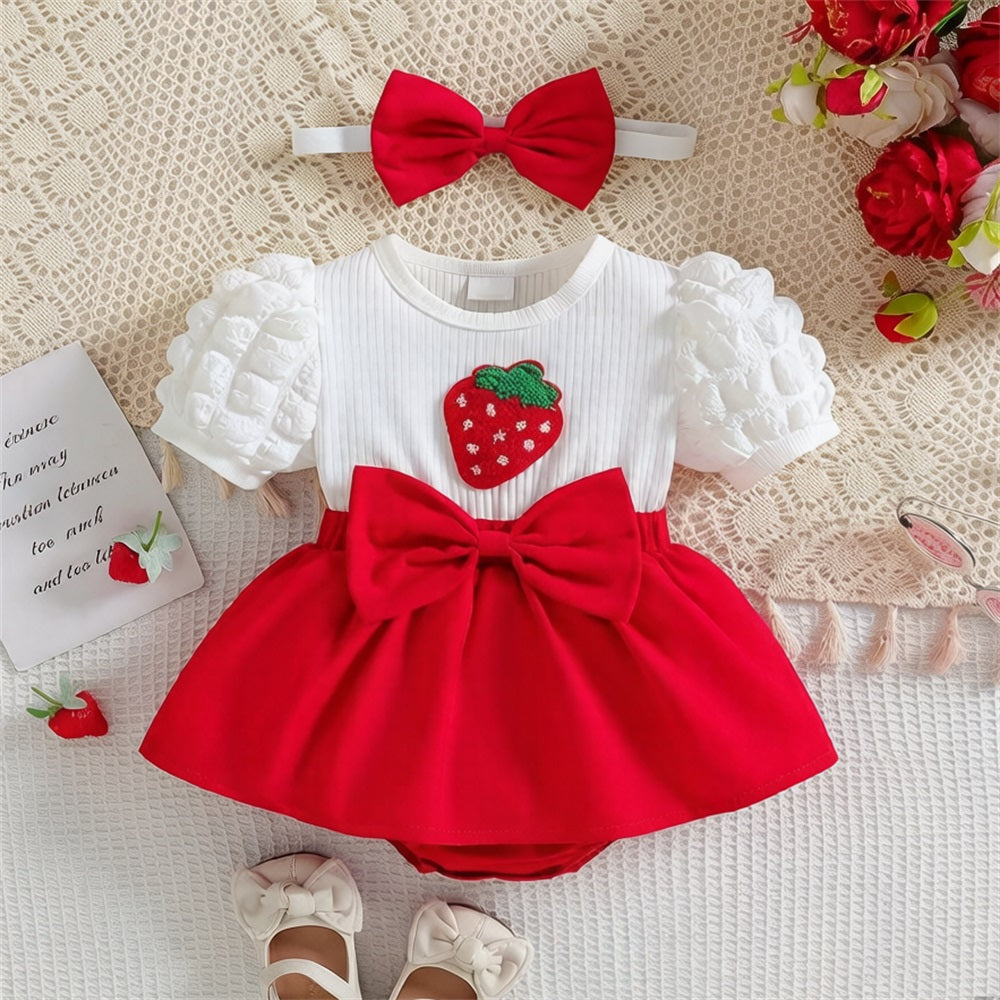 2PCS Cute Strawberry Embroidery Short Sleeve Baby Romper
