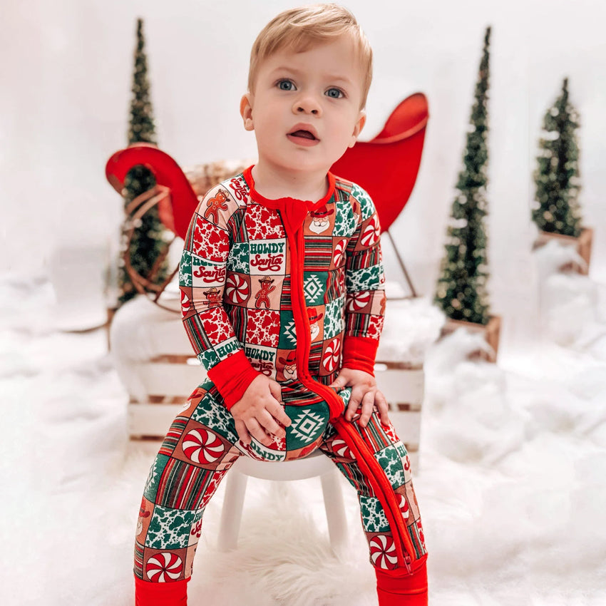 Howdy Santa Printed Long Sleeve Zipper Baby Jumpsuit