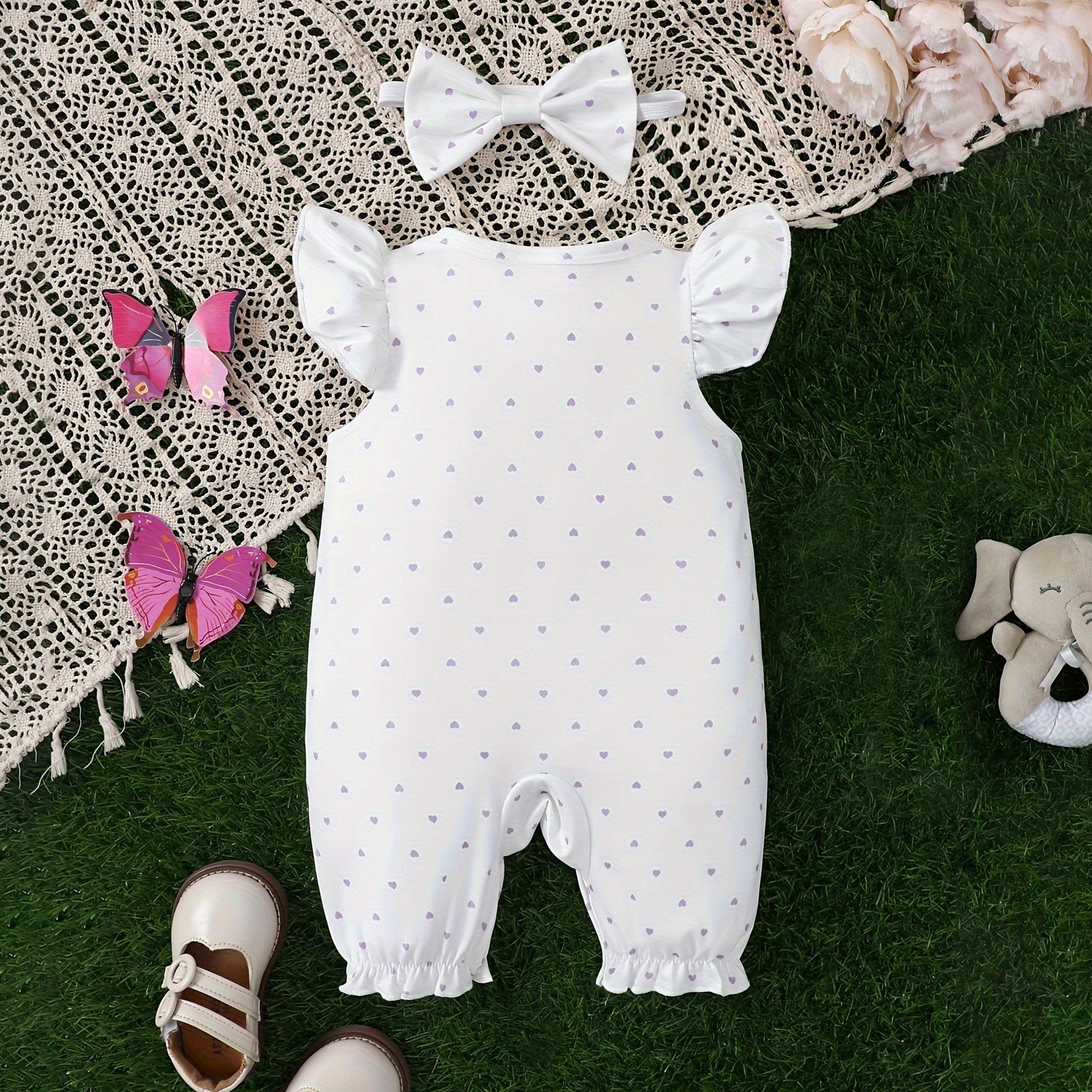 2PCS Cute Elephant and Heart Printed Sleeveless Baby Jumpsuit