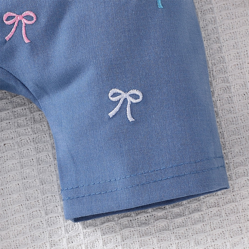 2PCS Adorable Bow Embroidery Short Sleeve Overalls Baby Set