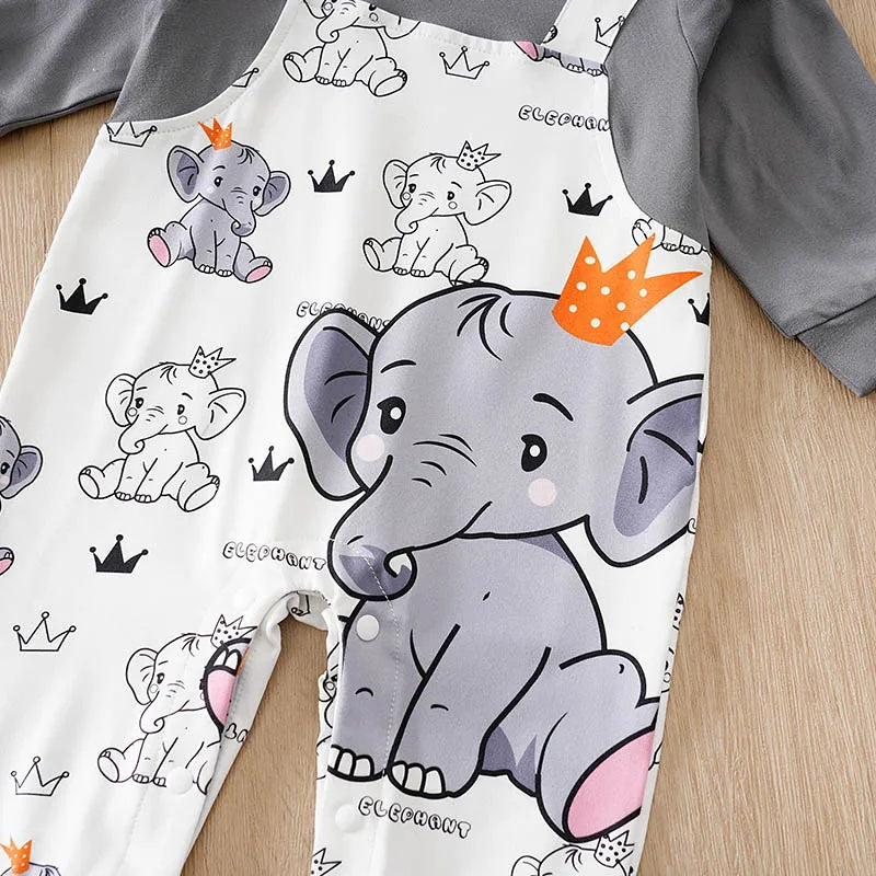 Casual Elephant King Print Long Sleeve Baby Jumpsuit