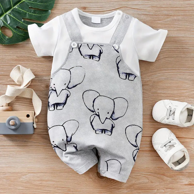 Cute Elephant Printed Short Sleeve Baby Jumpsuit