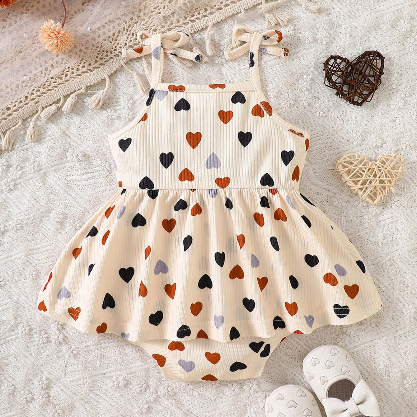 2PCS Cute Heart Printed Sleeveless Baby Girl Romper
