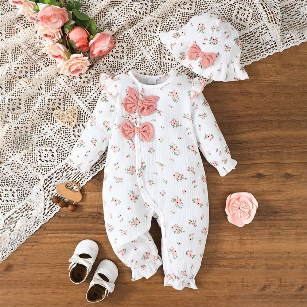 2PCS Casual Floral Printed Long Sleeve Baby Jumpsuit