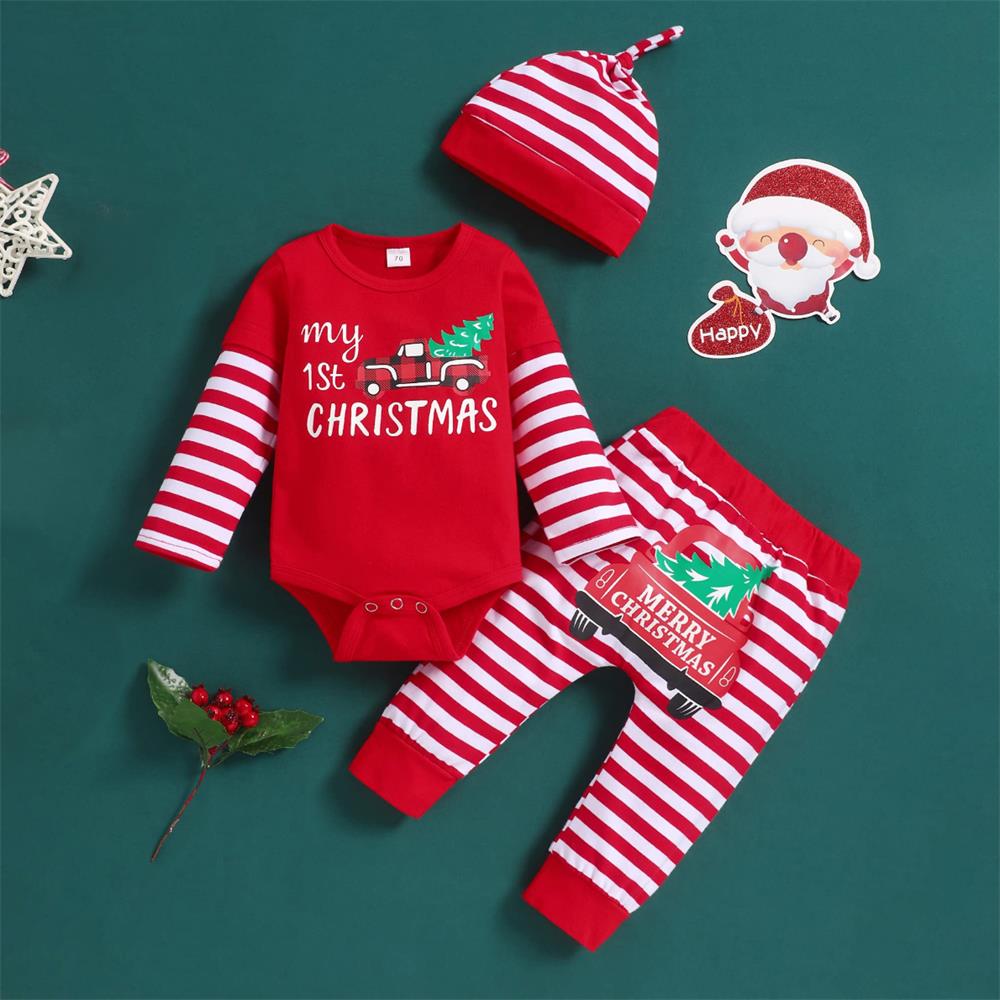 3PCS My 1st Christmas Letter Printed Striped Long Sleeve Baby Set
