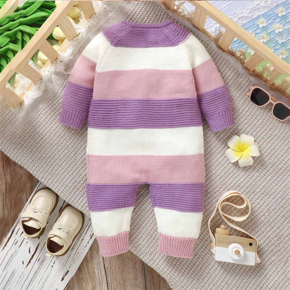 Comfy Solid Color Patchwork Knit Sweater Baby Jumpsuit