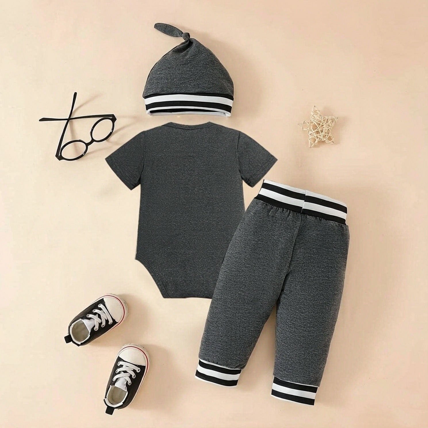 3PCS Cooler Version of Dad Letter Stripe Printed Short Sleeve Baby Set