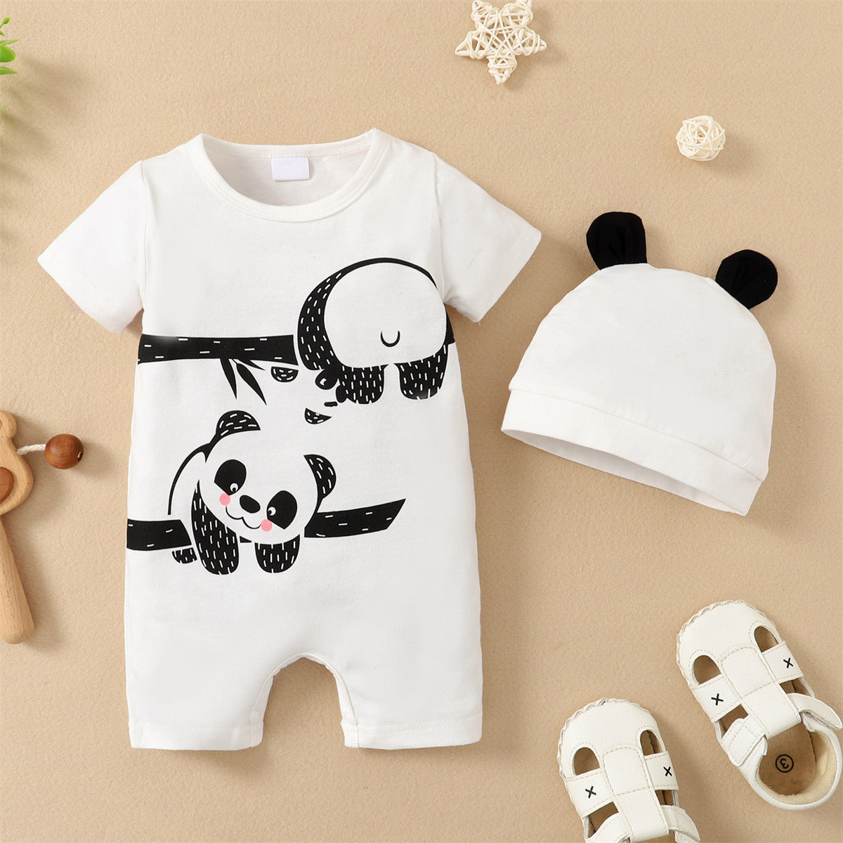 2PCS Funny Cartoon Panda Printed Baby Jumpsuit