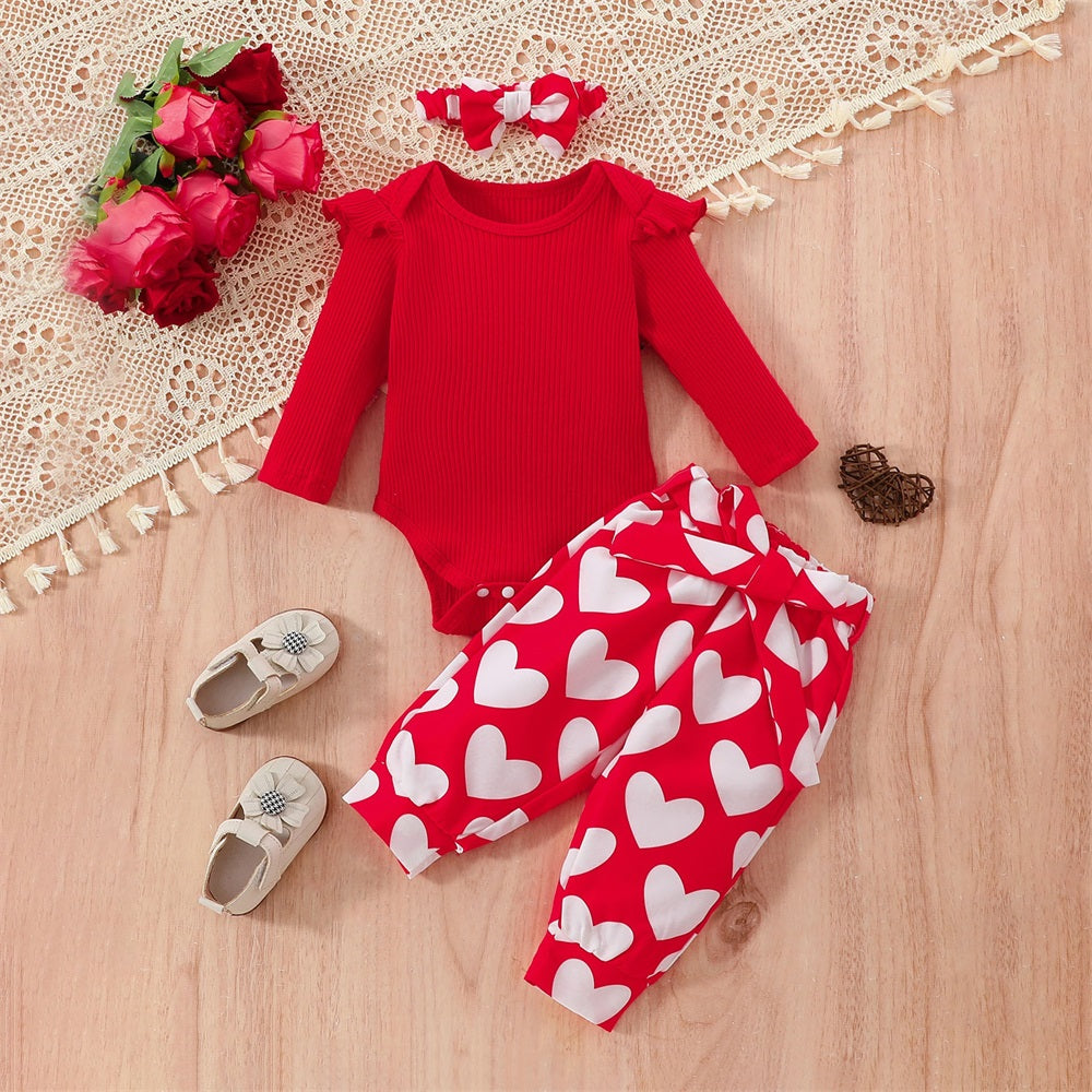 3PCS Stylish Comfy Heart Print Long Sleeve Baby Set