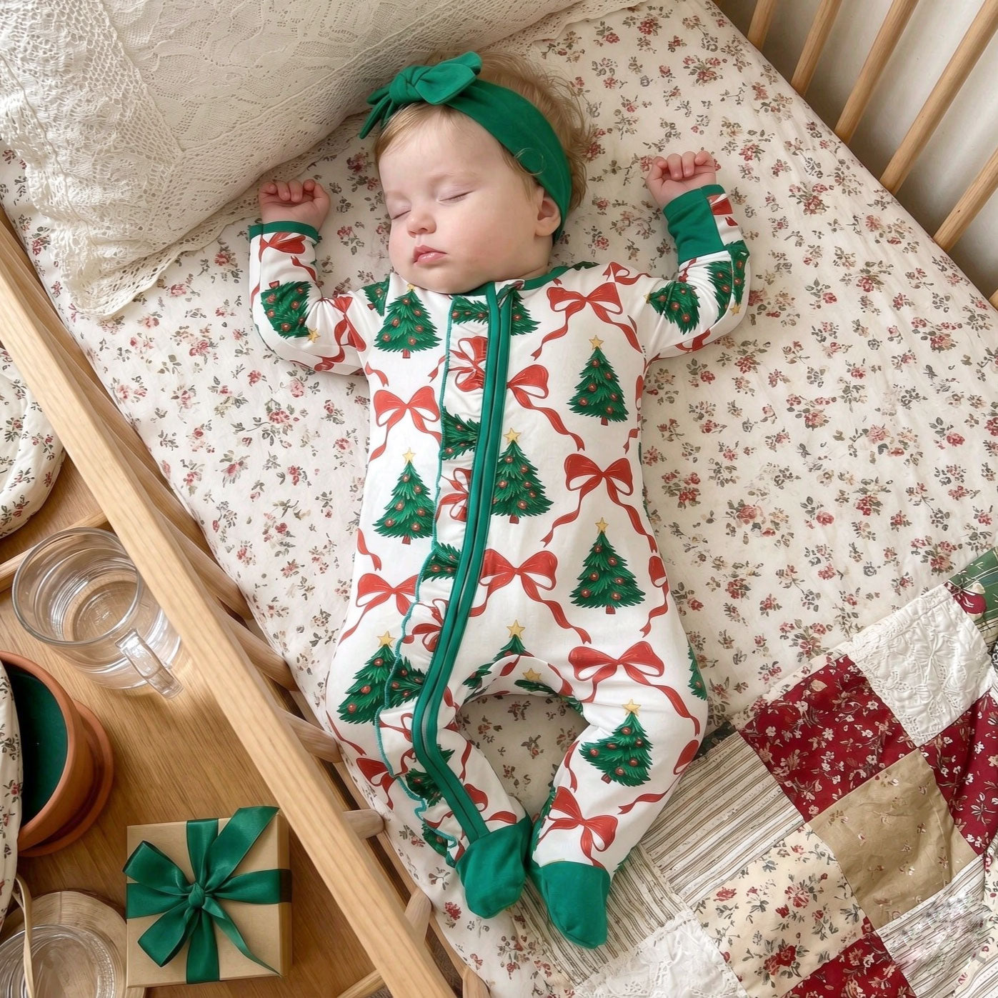 2PCS Christmas Tree Bow Printed Zipper Long Sleeve Baby Jumpsuit