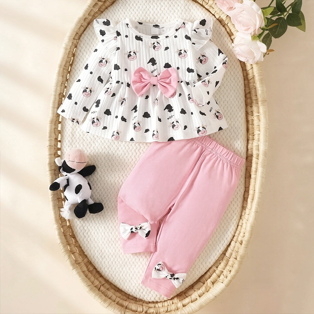 2PCS Sweet Moo Letter Cow Printed Long Sleeve Baby Girl Set