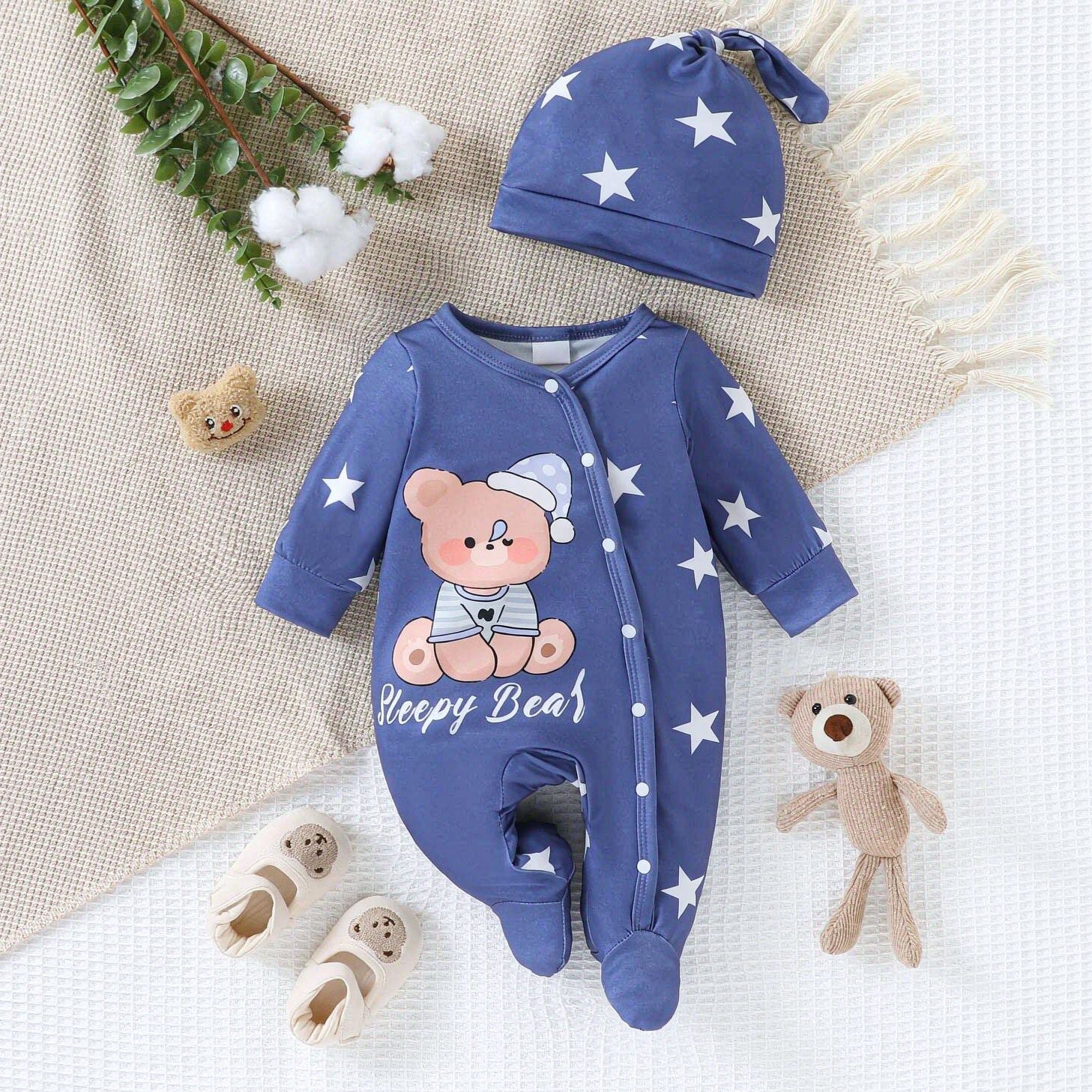 2PCS Casual Sleepy Bear Letter Star Printed Long Sleeve Baby Jumpsuit
