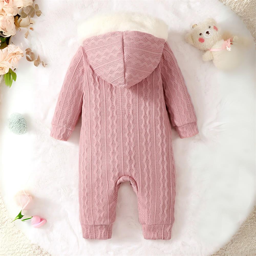 Furry Solid Color Long Sleeve Warm Baby Hooded Jumpsuit