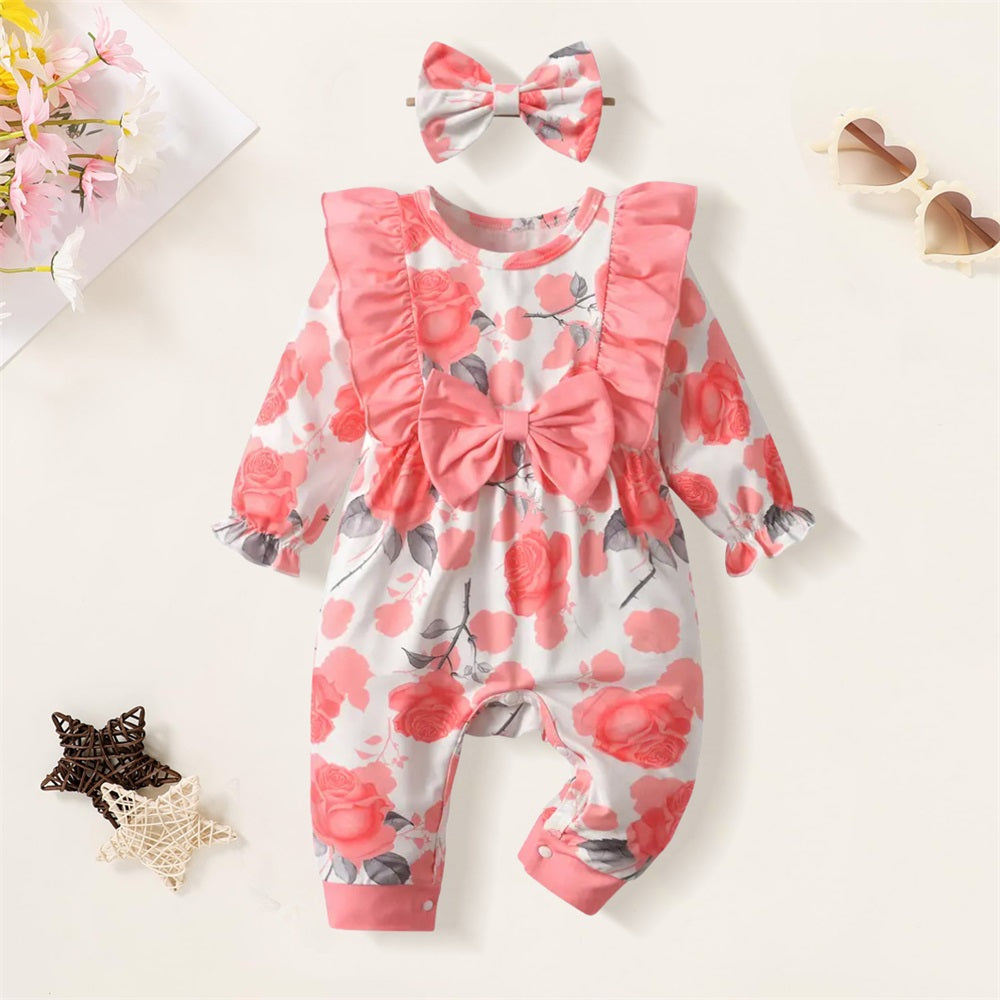 2PCS Floral Print Ruffled Long Sleeve Baby Jumpsuit