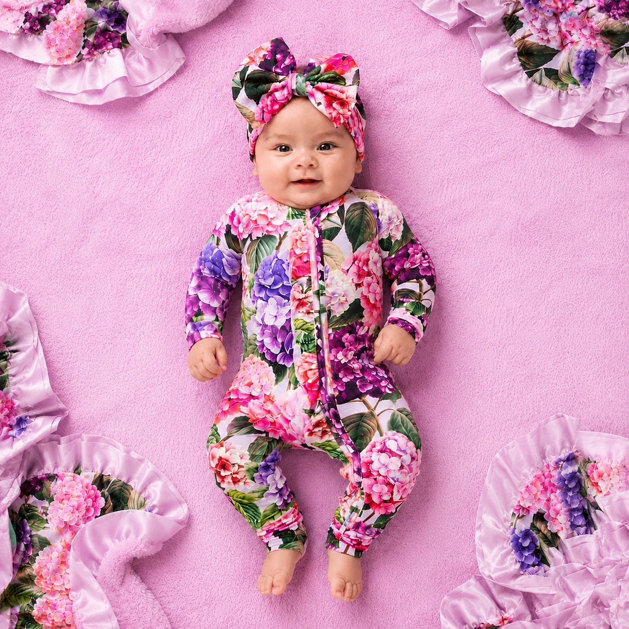 2PCS Exquisite Floral Print Zipper Long Sleeve Baby Jumpsuit