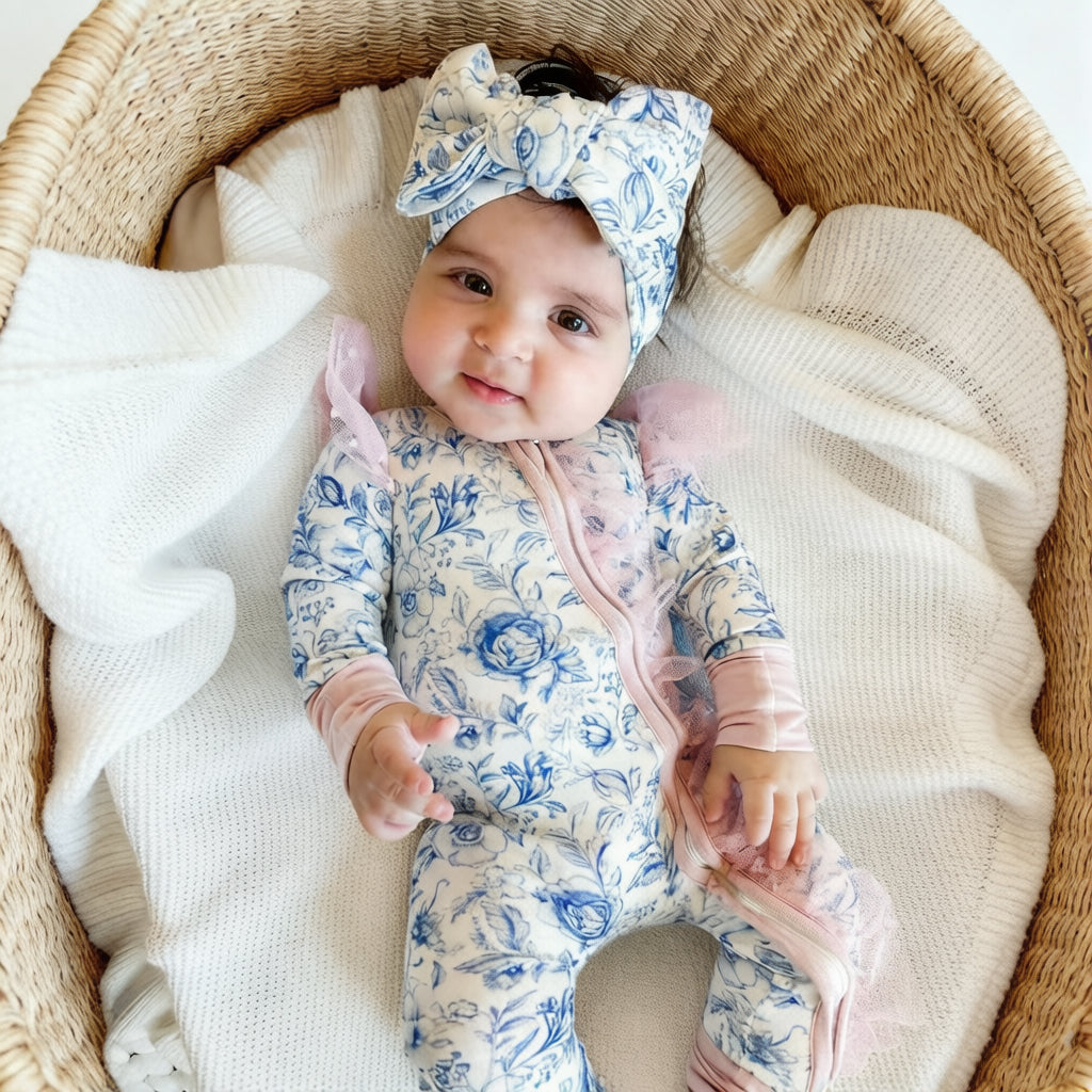 2PCS Pretty Floral Print Tulle Zipper Long Sleeve Baby Jumpsuit