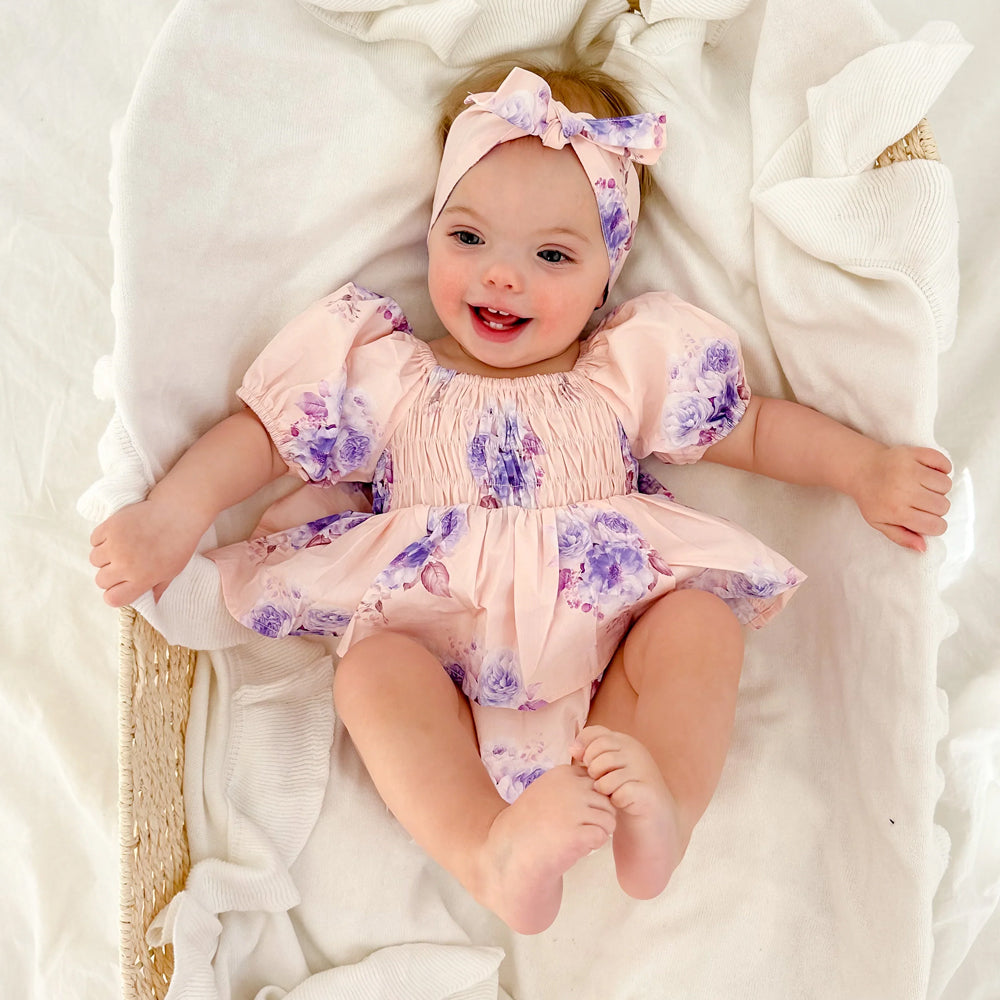 2PCS Charming Floral Print Puff Sleeve Baby Romper