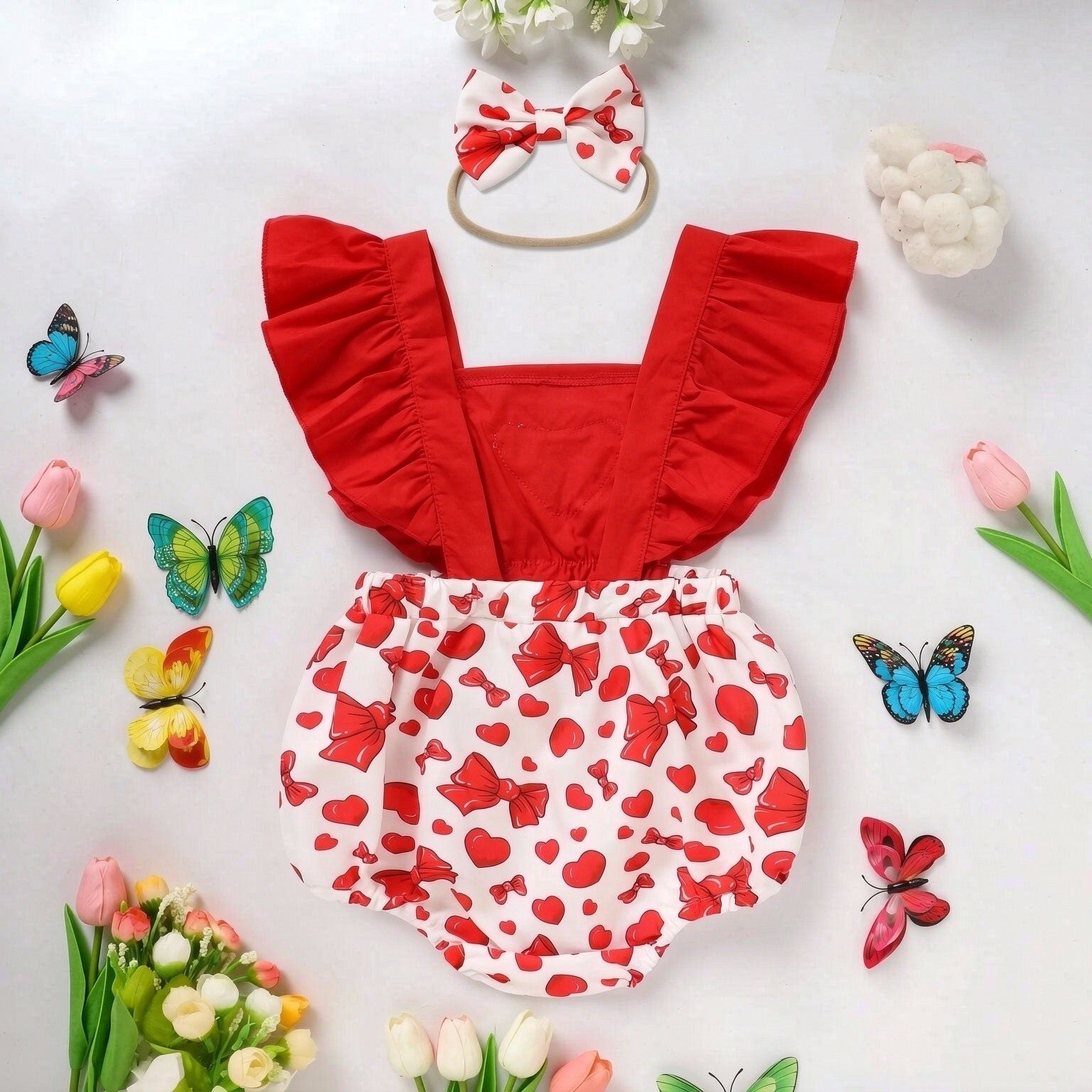 2PCS Lovely Bow and Heart Printed Flutter Sleeve Baby Romper