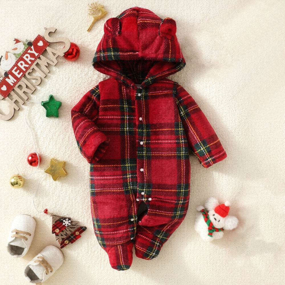 Cute 3D Ear Plaid Printed Long Sleeve Hooded Baby Fleece Jumpsuit