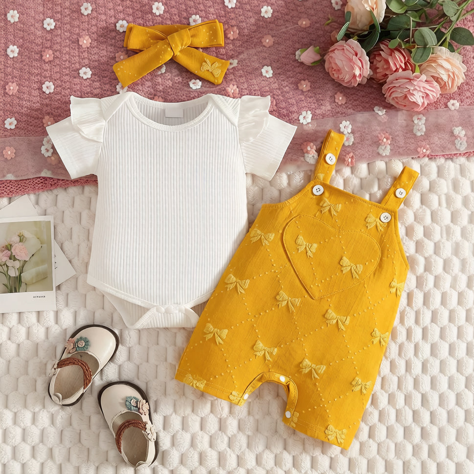 3PCS Heart Appliqué & Bow Embroidery Short Sleeve Overalls Baby Set