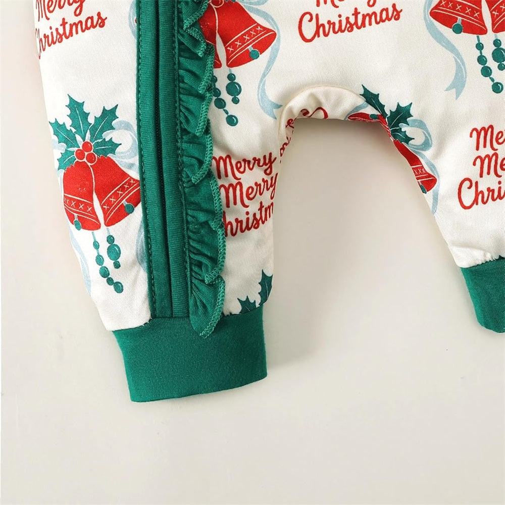 2PCS Merry Christmas Letter Print Ruffle Trim Baby Jumpsuit