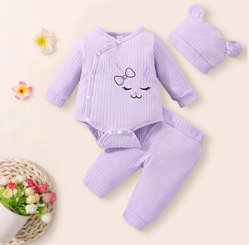 3PCS Cute Cartoon Rabbit Printed Long Sleeve Baby Set