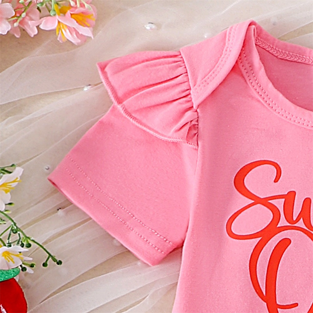 4PCS Sweet One Letter Strawberry Print Short Sleeve Baby Set
