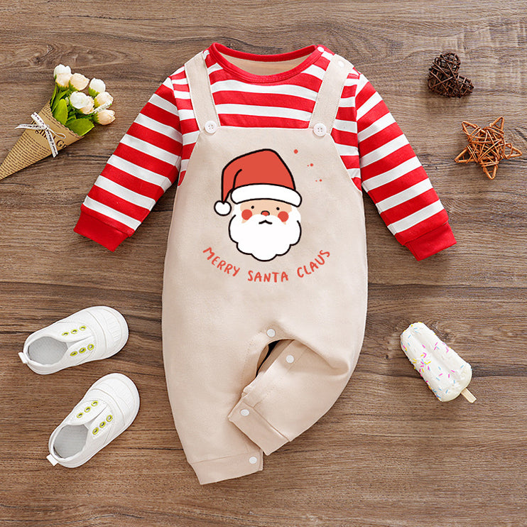 Christmas Merry Santa Claus Letter Stripe Printed Long Sleeve Baby Jumpsuit