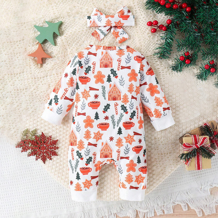 2PCS Christmas Printed Long Sleeve Zipper Baby Jumpsuit