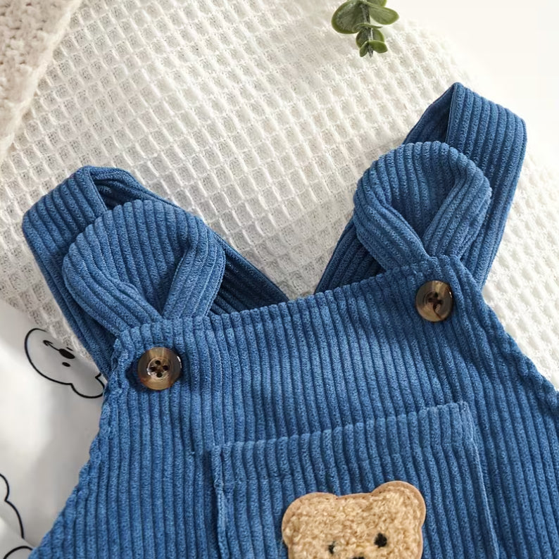 3PCS Bear Print Long Sleeve Baby Overalls Set