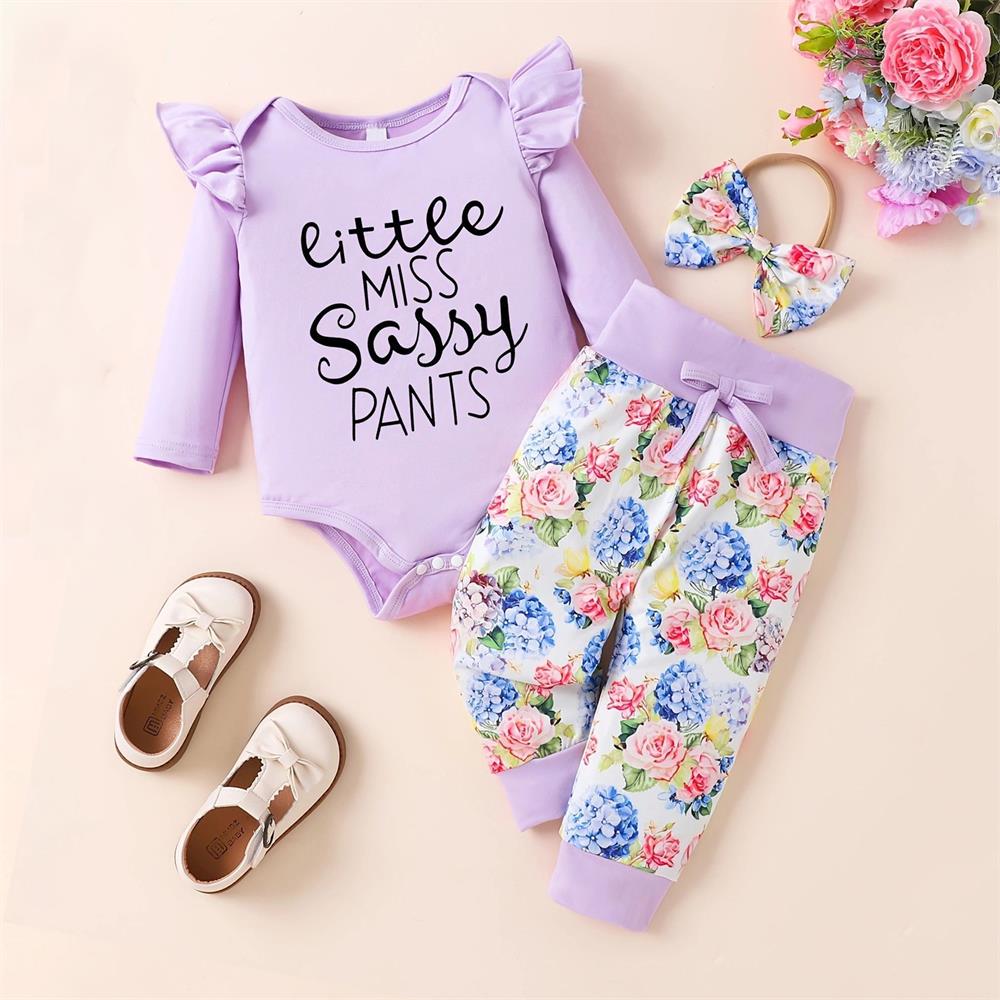 3PCS Little Miss Sassy Pants Letter Floral Printed Baby Set