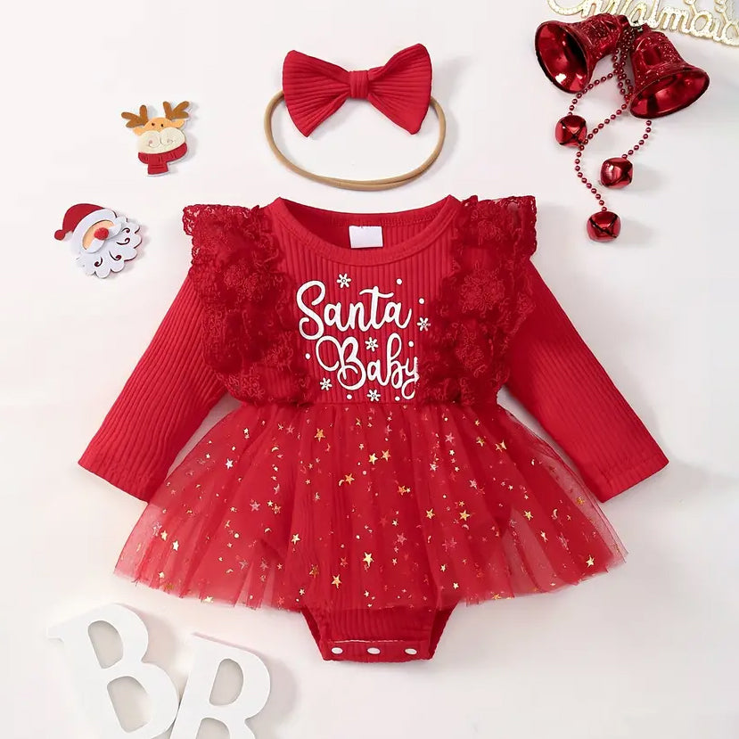 2PCS Santa Baby Letter Printed Long Sleeve Baby Romper