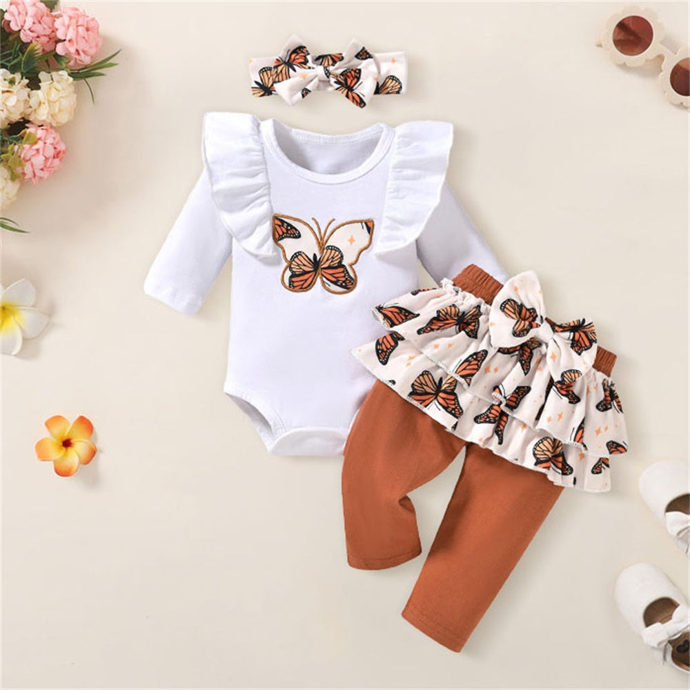 3PCS Trend Butterfly Print Long Sleeve Baby Set