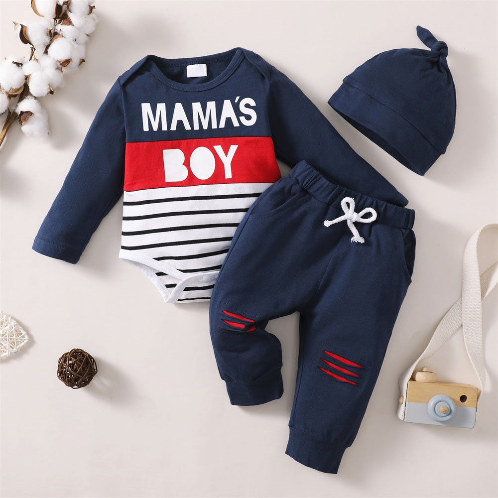 3PCS Mama's Boy Letter Print Striped Long Sleeve Baby Set