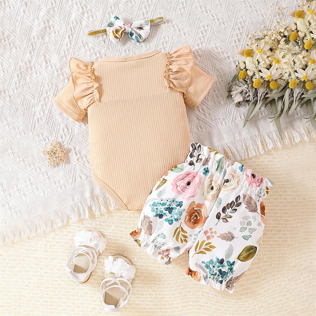 3PCS Summer Cute Floral Printed Short Sleeve Baby Set