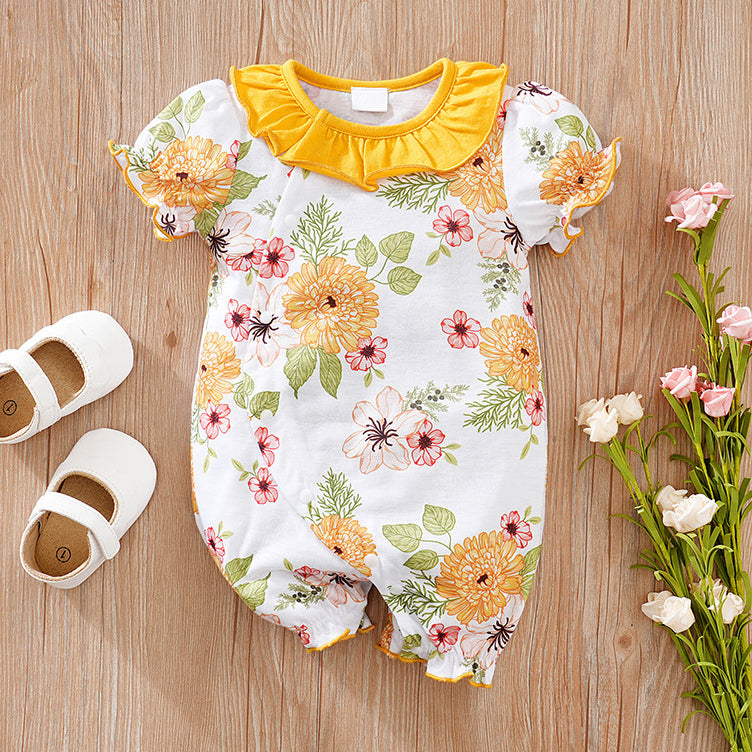 Stylish Floral Printed Short Sleeve Baby Jumpsuit