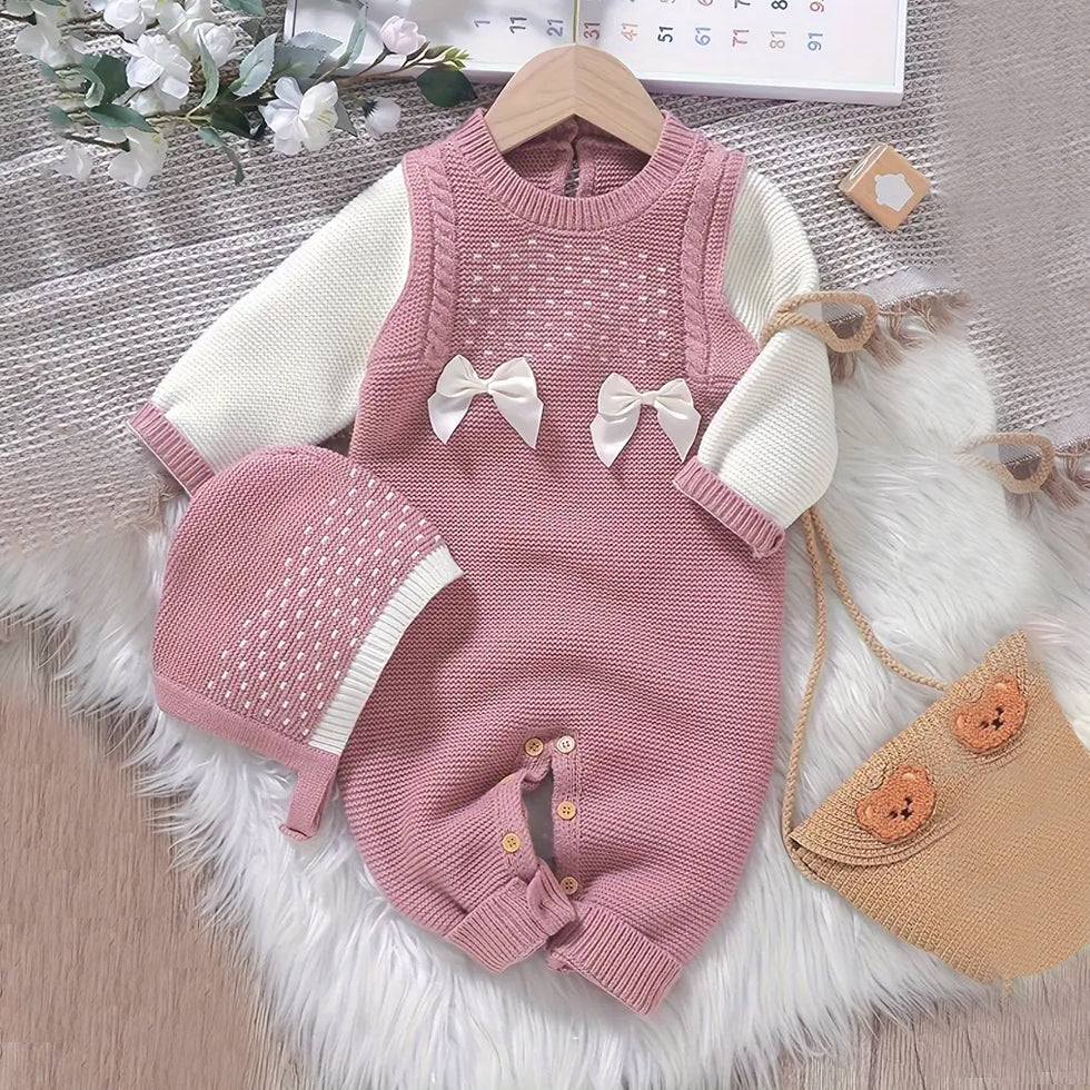 2PCS Lovely Knit Long Sleeve Bow Baby Jumpsuit