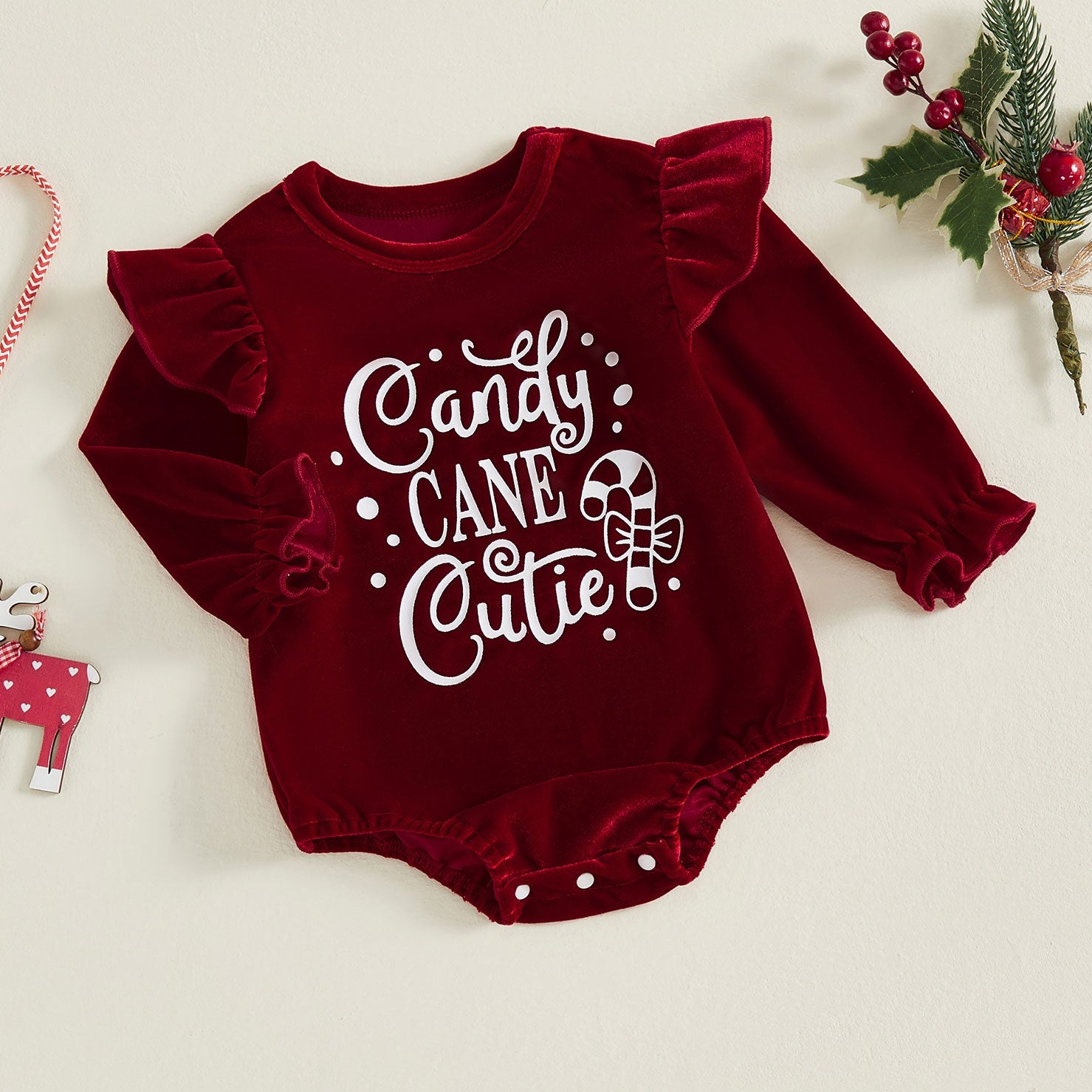 Christmas Candy Cane Cutie Letter Printed Long Sleeve Baby Romper