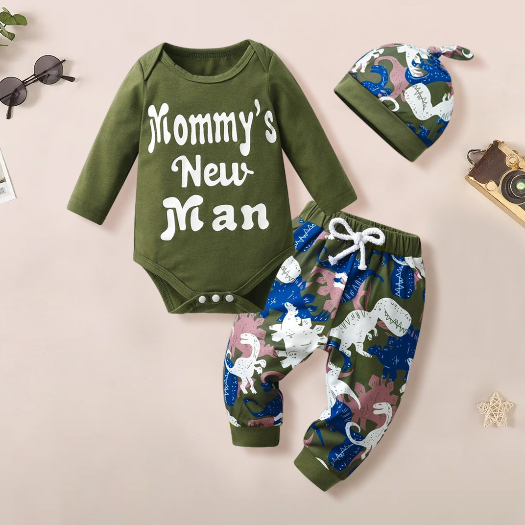 3PCS Mommy's New Man Letter Dinosaur Printed Baby Set