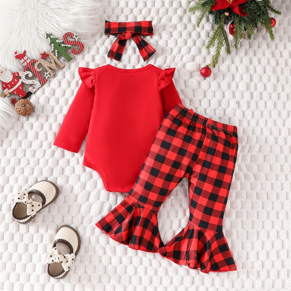 3PCS My 1st Christmas Letter Print Plaid Long Sleeve Baby Set