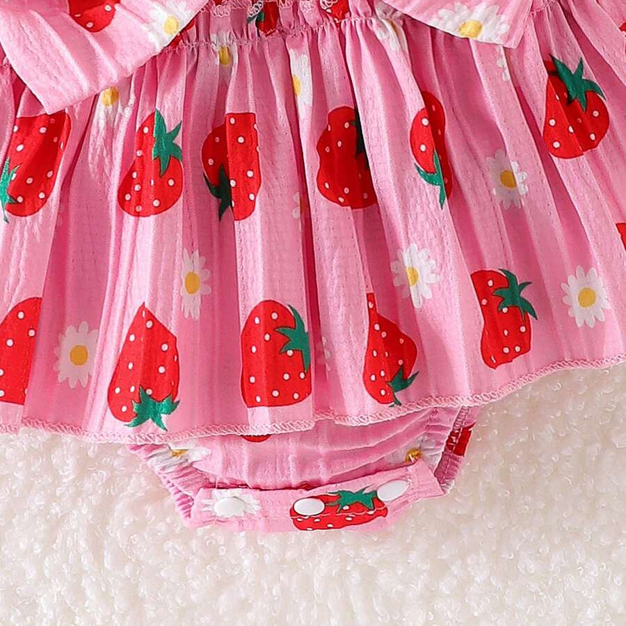2PCS Cute Strawberry Floral Print Flutter Sleeve Baby Romper