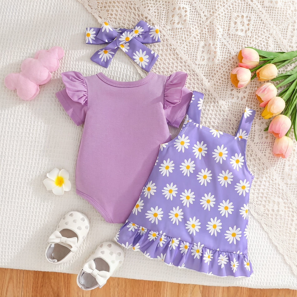 3PCS Sweet Daisy Print Ruffled Short Sleeve Baby Set