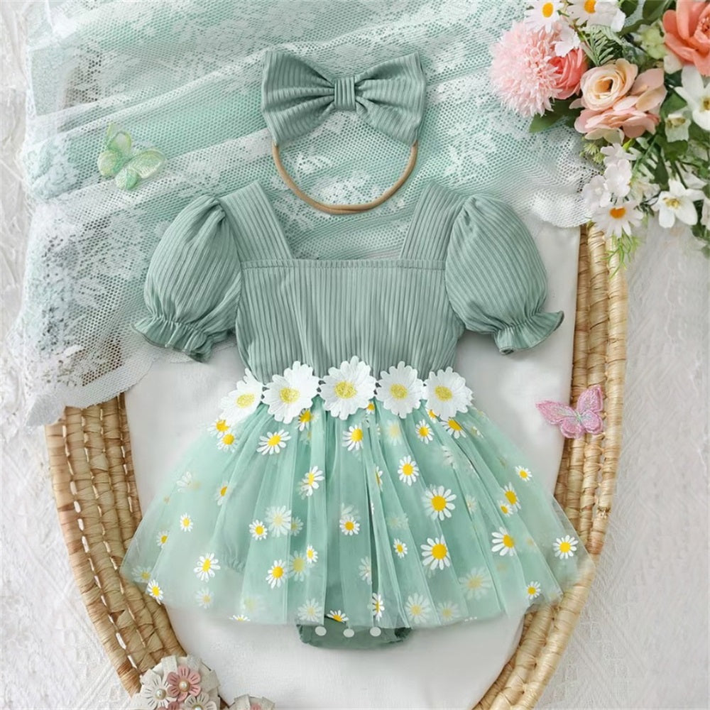 2PCS Cute Floral Printed Short Sleeve Tulle Skirt Baby Romper