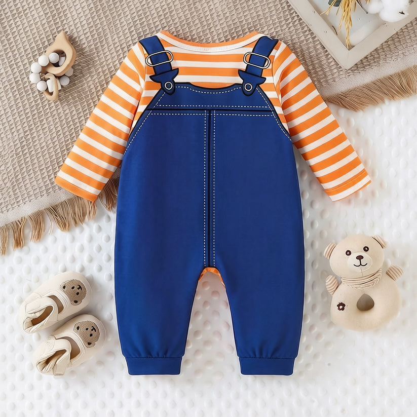 Lovely Cartoon Pet Puppy & Stripe Print Long Sleeve Baby Jumpsuit