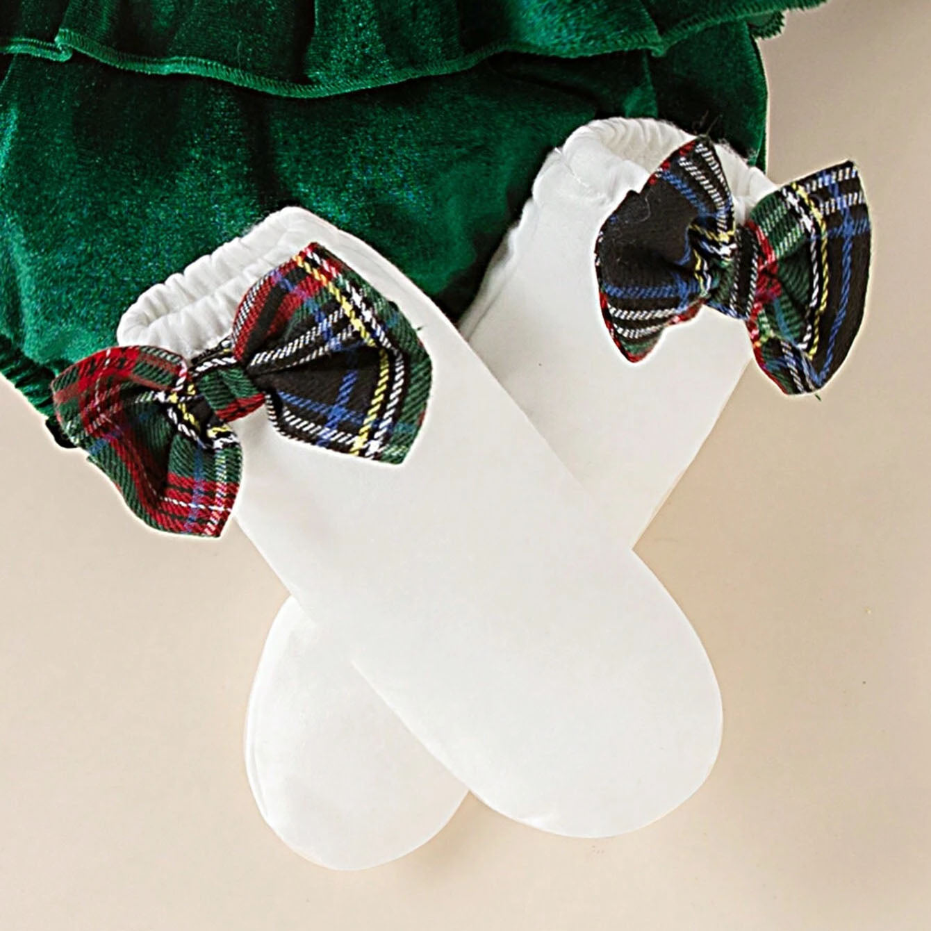 2PCS Christmas Solid Color Plaid Printed Velvet Baby Romper