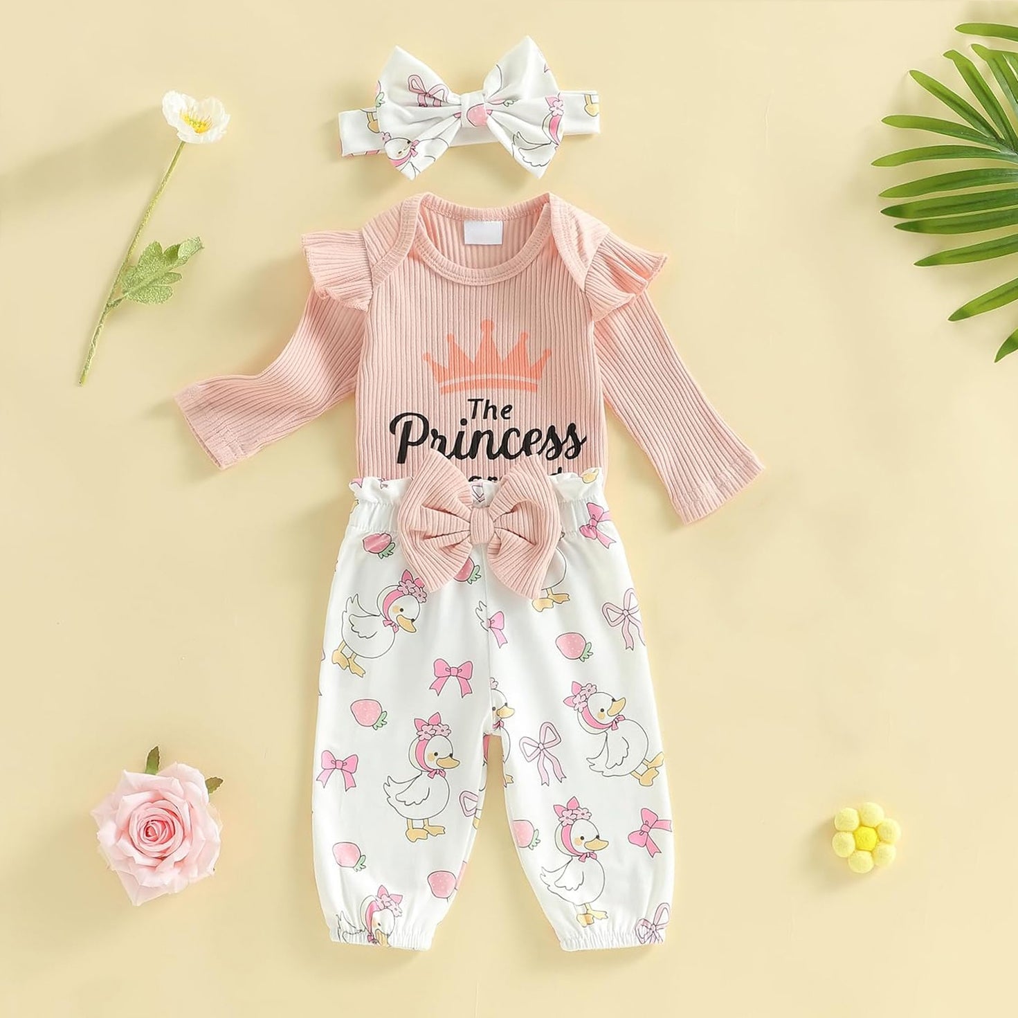 3PCS The Princess Has Arrived Letter Duck Print Baby Set
