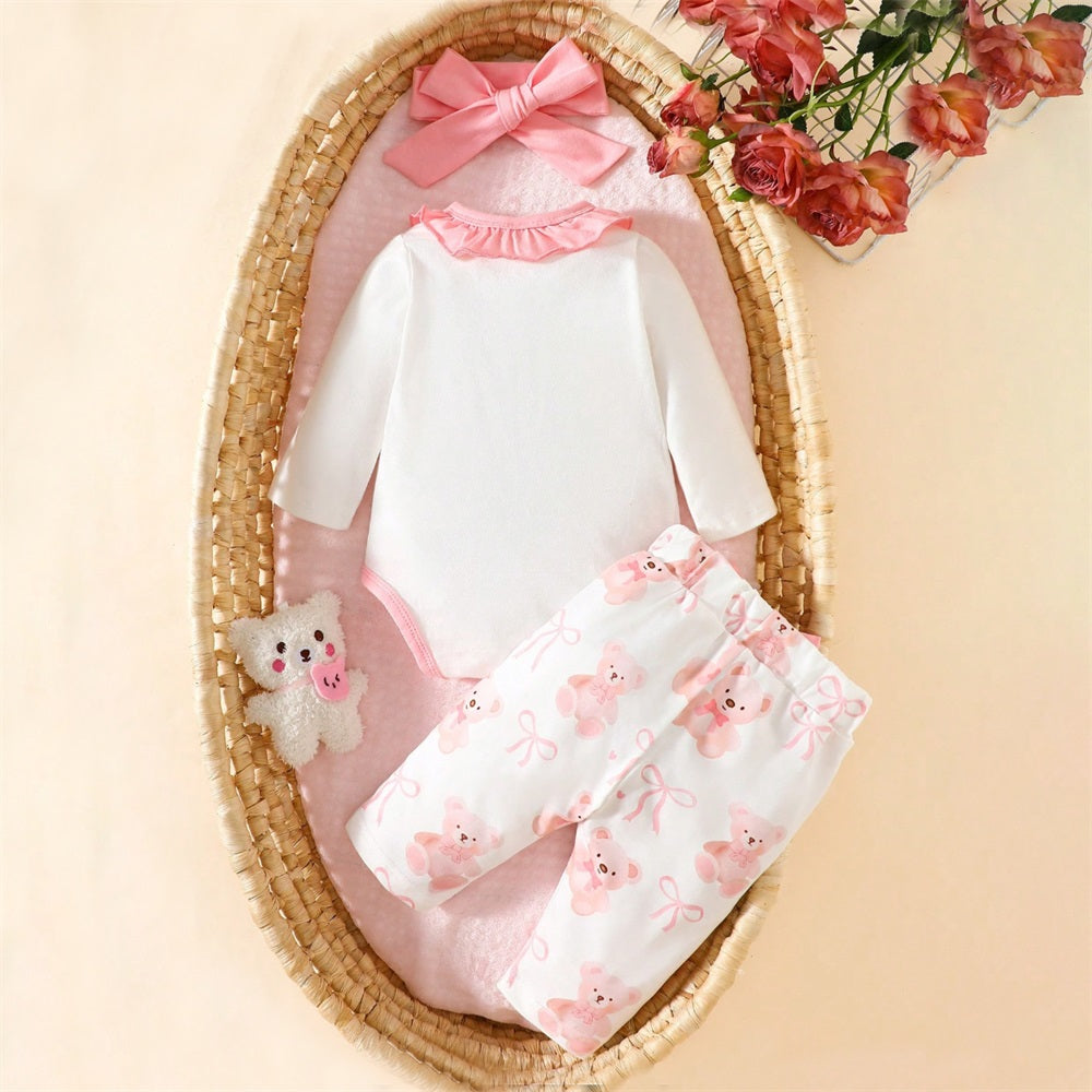 3PCS Lovely Bear Printed Ruffles Long Sleeve Baby Set