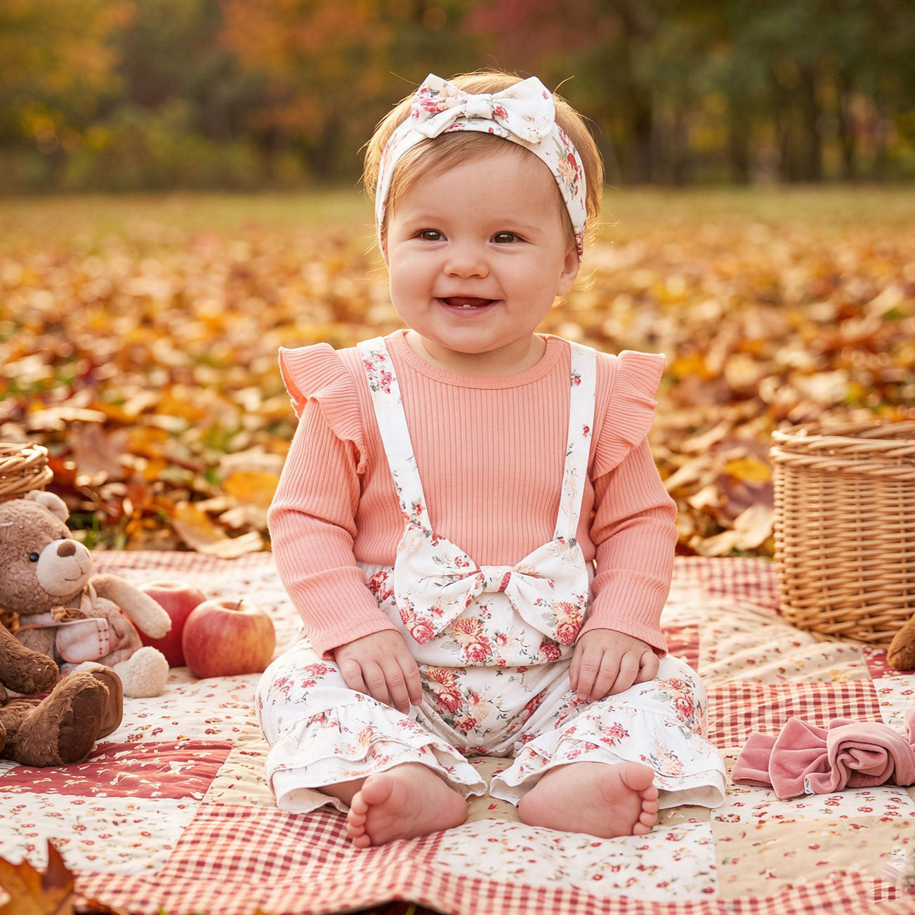 2PCS Sweet Color Block Floral Printed Long Sleeve Baby Jumpsuit